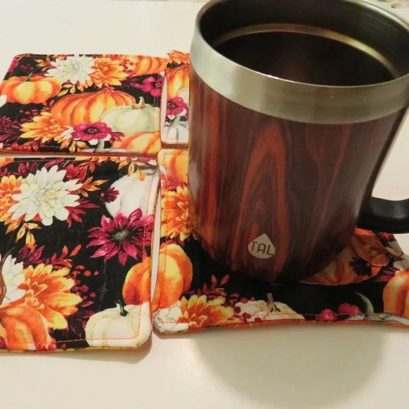 Fabric Coasters, Set Of 4, Reversible With Orange Pumpkins - Picture 6 of 6